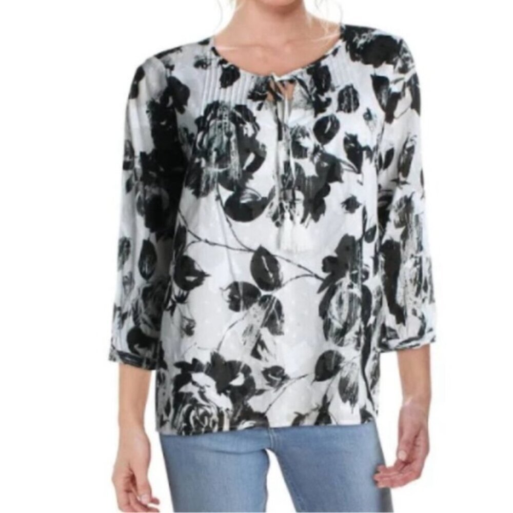 NWT KARL LAGERFELD Floral Necktie 3/4 Sleeve Sheer Lined Boho‎ Blouse Tassels XS